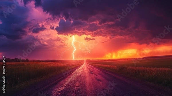 Fototapeta Dramatic Lightning Storm over Country Road