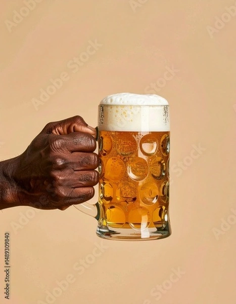 Fototapeta ベージュのマット背景を背にビールジョッキを握る男性の手。細部までリアルに表現された泡の質感が印象的な写真

