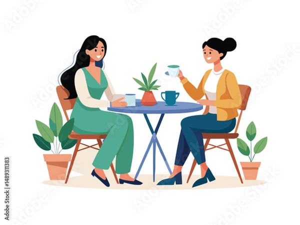 Fototapeta Two smiling women enjoying coffee together at a small table

