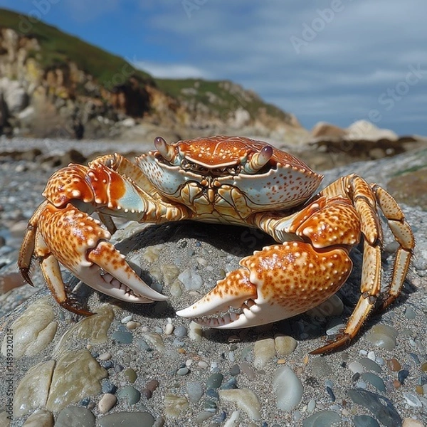 Fototapeta Orange Crab on Pebble Beach, Coastal Wildlife Portrait: Majestic crustacean with patterned shell and claws resting on smooth, colorful stones with hillside and cloudy blue sky backdrop.