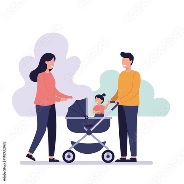 Fototapeta Young family with stroller in park during daytime - Concept of travel  
