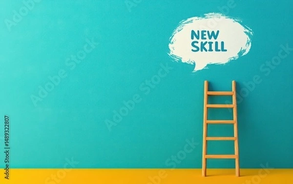 Fototapeta Wooden ladder against turquoise wall with yellow floor and speech bubble containing text new skill, symbolizing growth and learning opportunity