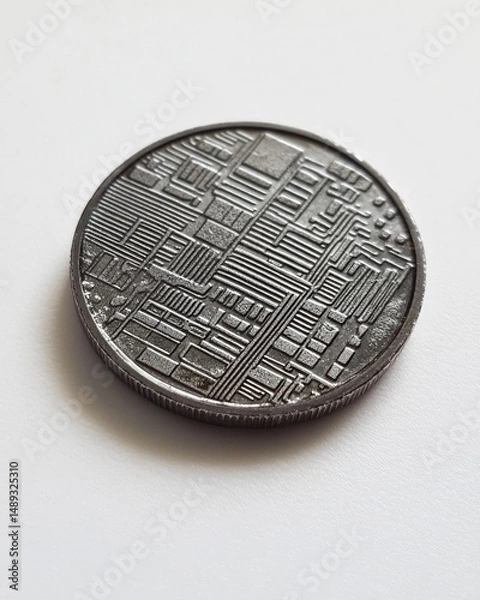 Obraz Cryptocurrency coin showing circuit pattern on white background. Use for finance or tech concepts