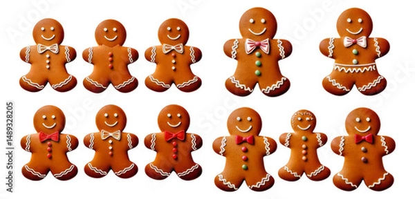 Obraz Cheerful Gingerbread Cookies in Festive Holiday Attire and Colors, Isolated on Transparent, white background