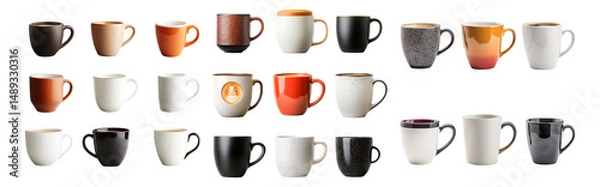 Obraz Assorted Coffee Cups Collection with Varied Designs and Colors, Isolated on Transparent, white background
