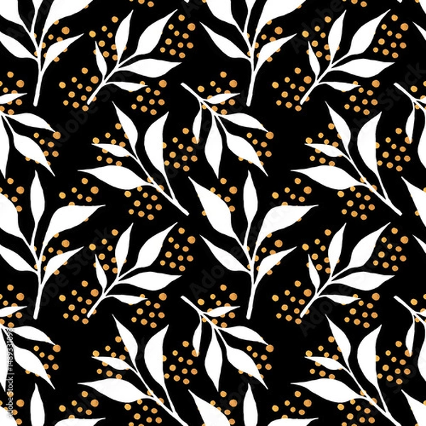Obraz Tea leaves seamless pattern. Food background with tea leaves watercolor in hand drawn style. Tea background for paper, textile, wrapping and wallpaper.