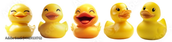 Obraz Cheerful Yellow Rubber Ducks Displayed in a Row with Different Expressions, Isolated on Transparent, white background