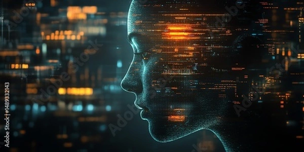 Fototapeta Digital Face: Data Streams and Cyberpunk Aesthetics