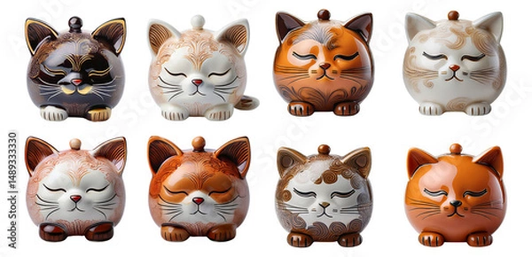Obraz Charming Decorative Cat Figurines in Various Colors and Styles, Isolated on Transparent, white background