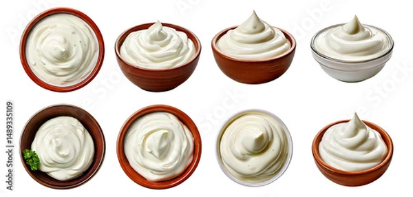 Obraz Variety of Whipped Cream in Different Bowls with Fresh Ingredients, Isolated on Transparent, white background