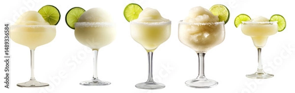 Obraz Refreshing Frozen Lime Cocktails in Various Glasses with Garnishes, Isolated on Transparent, white background