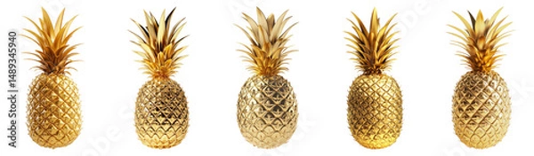 Obraz Golden Pineapples with Lush Green Leaves on a White Background, Isolated on Transparent, white background