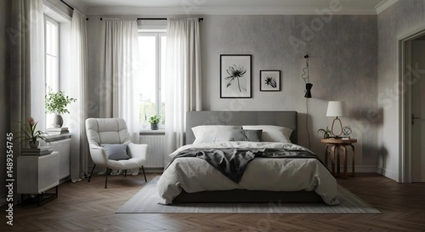 Fototapeta Modern Living Room in Calm Colors with High-Quality Decor Elements