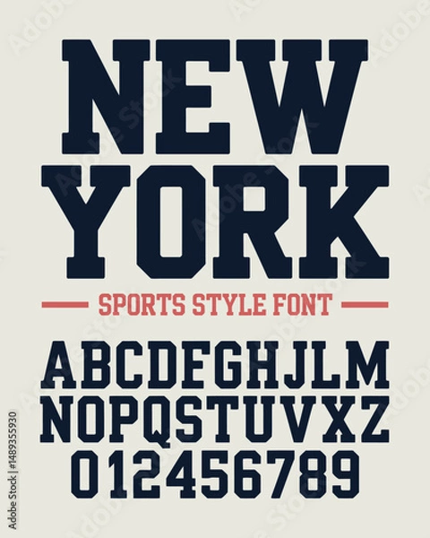 Fototapeta Classic college font. Vintage sport serif font in american style for football, soccer, baseball and basketball. Alphabet and numbers in varsity style
