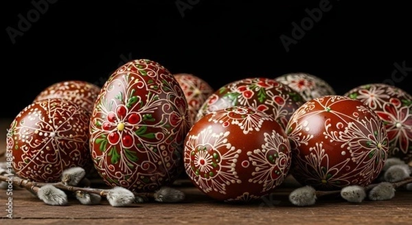 Fototapeta Intricately Decorated Easter Eggs on Wooden Table Background