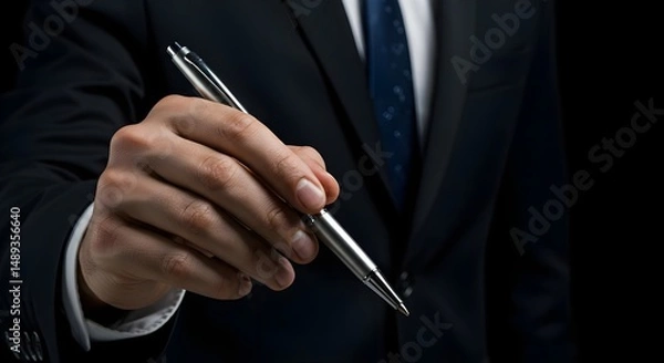 Fototapeta Elegant Man Holding a Silver Pen Against a Dark Background