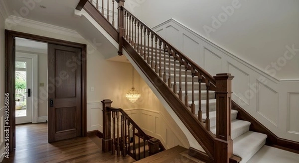 Fototapeta Elegant Wooden Staircase with High-Quality Accents in Modern Home