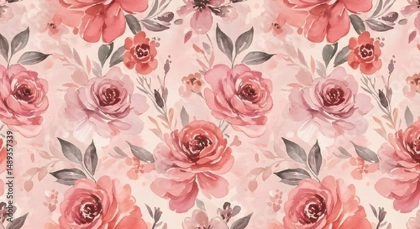 Fototapeta Pastel Floral Watercolor Seamless Pattern with Soft Roses and Leaves