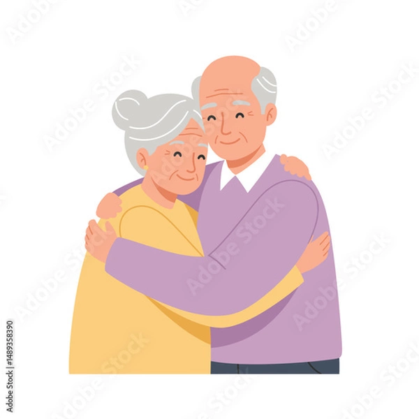 Fototapeta Elderly couple embracing each other with smiles on a white background  