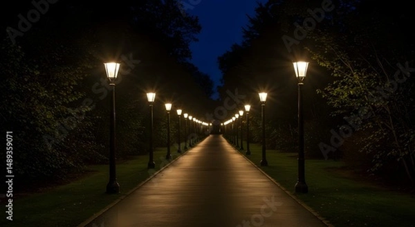 Fototapeta Illuminated Walkway at Evening with High Lamps and Serene Atmosphere