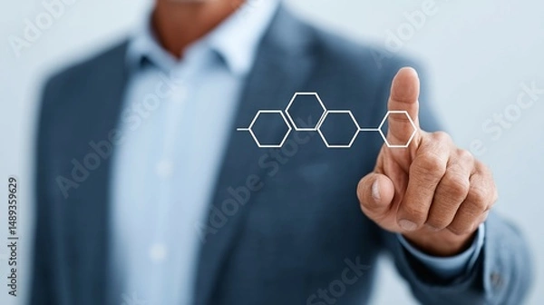Fototapeta Person in suit touching a digital molecular structure on a light background.