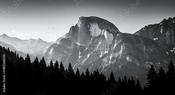 Fototapeta Majestic Black and White Mountainscape with Dramatic Peaks and Trees