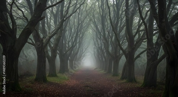 Fototapeta Twisted Trees Pathway Through Misty Forest in Twilight Light