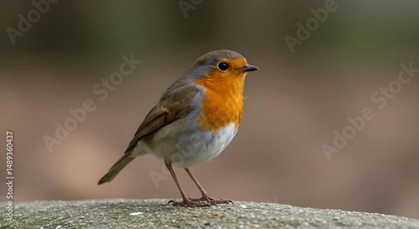 Fototapeta Small Red Robin Standing on a Stone Surface in High-Quality Image