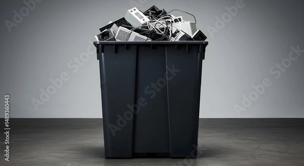 Fototapeta Overflowing Bin of Electronics Highlighting Recycling Dilemma