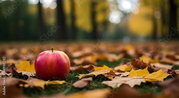 Fototapeta Apple Surrounded by Colorful Foliage on Forest Ground