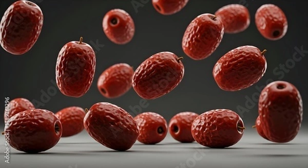 Fototapeta Floating Red Dates on Transparent Background with Generative AI Effect