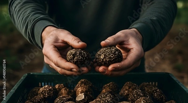 Fototapeta Fresh Truffles Harvesting in Hands with High Quality Nature Light