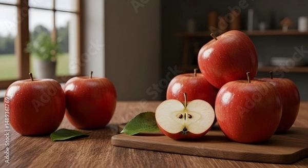Fototapeta Fresh Red Apples on Wooden Table with Natural Light