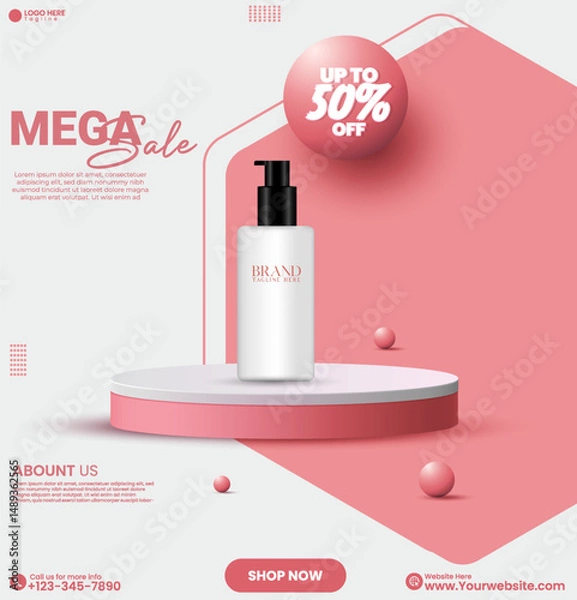 Fototapeta Social media cosmetics product sale podium background design. Empty 3D cylinder promotional product sale abstract podium design vector. Social media beauty product advertisement poster design. 