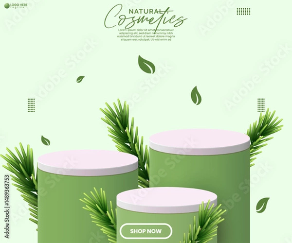 Fototapeta Social media cosmetics product sale podium background design. Studio background. Natural beauty product sale advertisement poster design with an Empty 3D cylinder podium and a tree branch. 