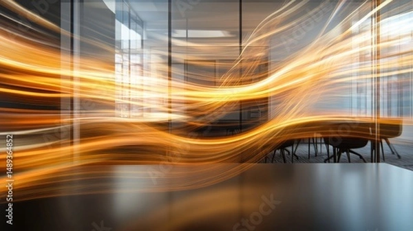 Fototapeta A stylized, high-speed snapshot of professionals in discussion, their figures slightly blurred as if in constant motion, set against a warm yellow-lit backdrop that exudes innovation and progress.