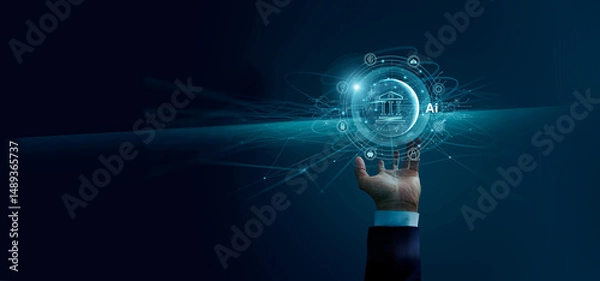 Obraz Businessman holding of icon banking on network connection. Digital marketing. Finance and banking networking. Online shopping and customer network, ai technology, cyber security. Business technology.