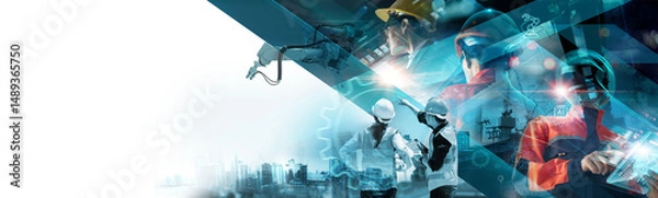 Obraz Construction industry in the AI Digital Age, Smart construction of site with digital technology optimizes timelines and resources efficiency in operations and advanced of business..