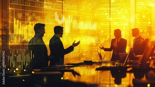 Fototapeta A stylized, high-speed snapshot of professionals in discussion, their figures slightly blurred as if in constant motion, set against a warm yellow-lit backdrop that exudes innovation and progress.