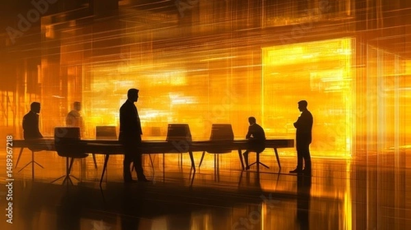 Fototapeta A stylized, high-speed snapshot of professionals in discussion, their figures slightly blurred as if in constant motion, set against a warm yellow-lit backdrop that exudes innovation and progress.