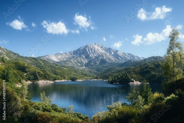 Obraz Tranquil mountain lake surrounded by lush green forest under a blue sky with scattered clouds, featuring a prominent rocky mountain peak