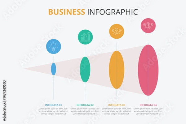 Fototapeta 4 step process chart infographics with option circles. Funnel business workflow hierarchy elements. Company presentation slide template. Modern vector info graphic layout design.