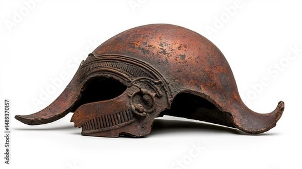 Fototapeta Ancient bronze helmet, fragmented, showing signs of age and wear