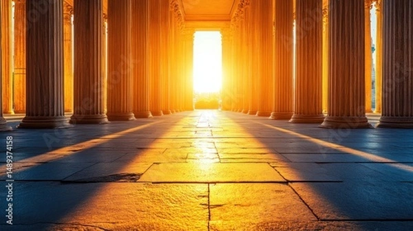 Obraz Golden sunlight through colonnade columns pathway architecture background