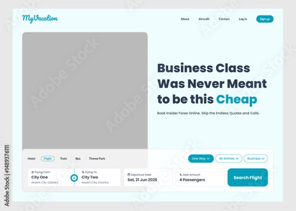 Fototapeta Flight Booking Landingpage UI Kit. Suitable for flight, booking and tourism purpose.