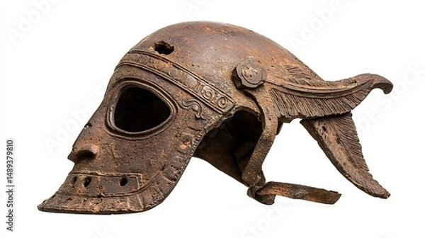 Fototapeta Ancient warrior's helmet, rusty and ornate, showing signs of age