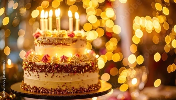 Fototapeta Celebratory tiered cake with candles illuminating a festive background bokeh