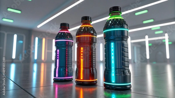 Fototapeta Futuristic Energy Drink Bottles with Neon Lighting in a Modern Setting