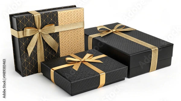 Fototapeta Elegant Black and Gold Gift Boxes with Ribbons
