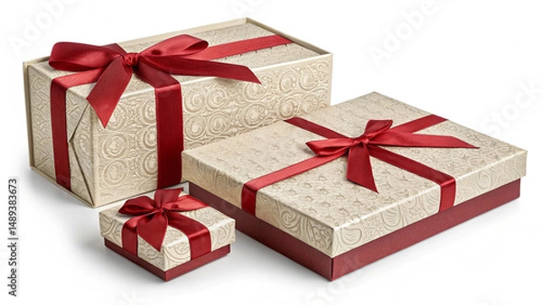 Fototapeta Three Elegant Gift Boxes with Red Ribbons and Cream Pattern